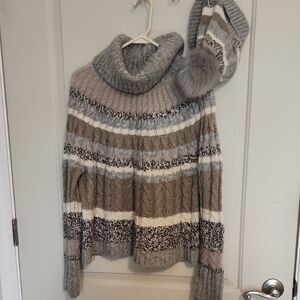 LOFT Gray and Brown Striped Cowl Neck Sweater with Hat And Fingerless Gloves